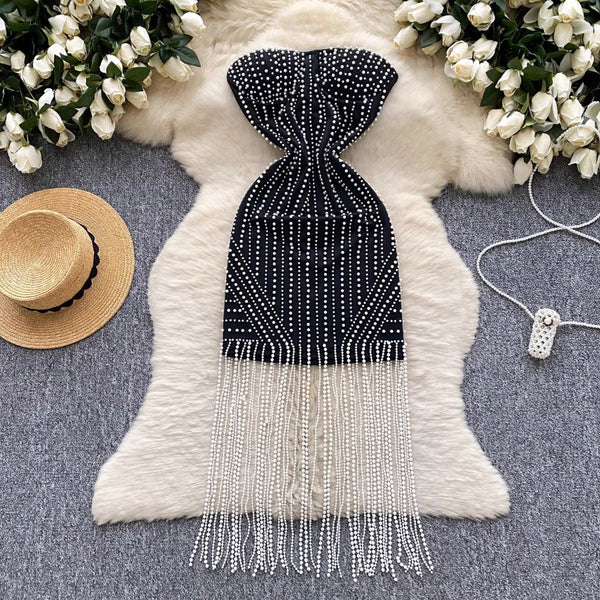 Fringed Bead Black Bustier Dress