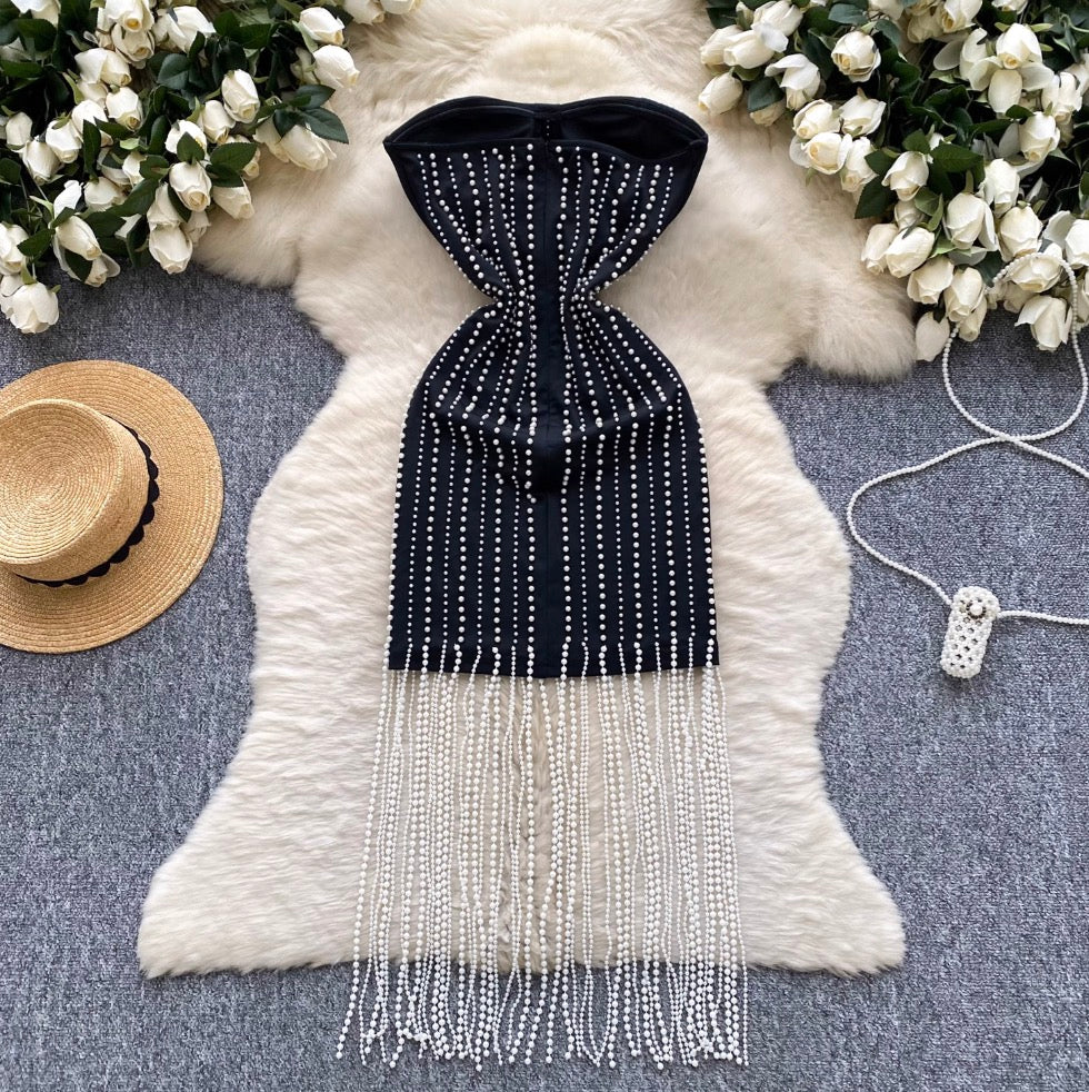 Fringed Bead Black Bustier Dress