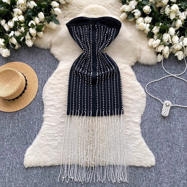 Fringed Bead Black Bustier Dress