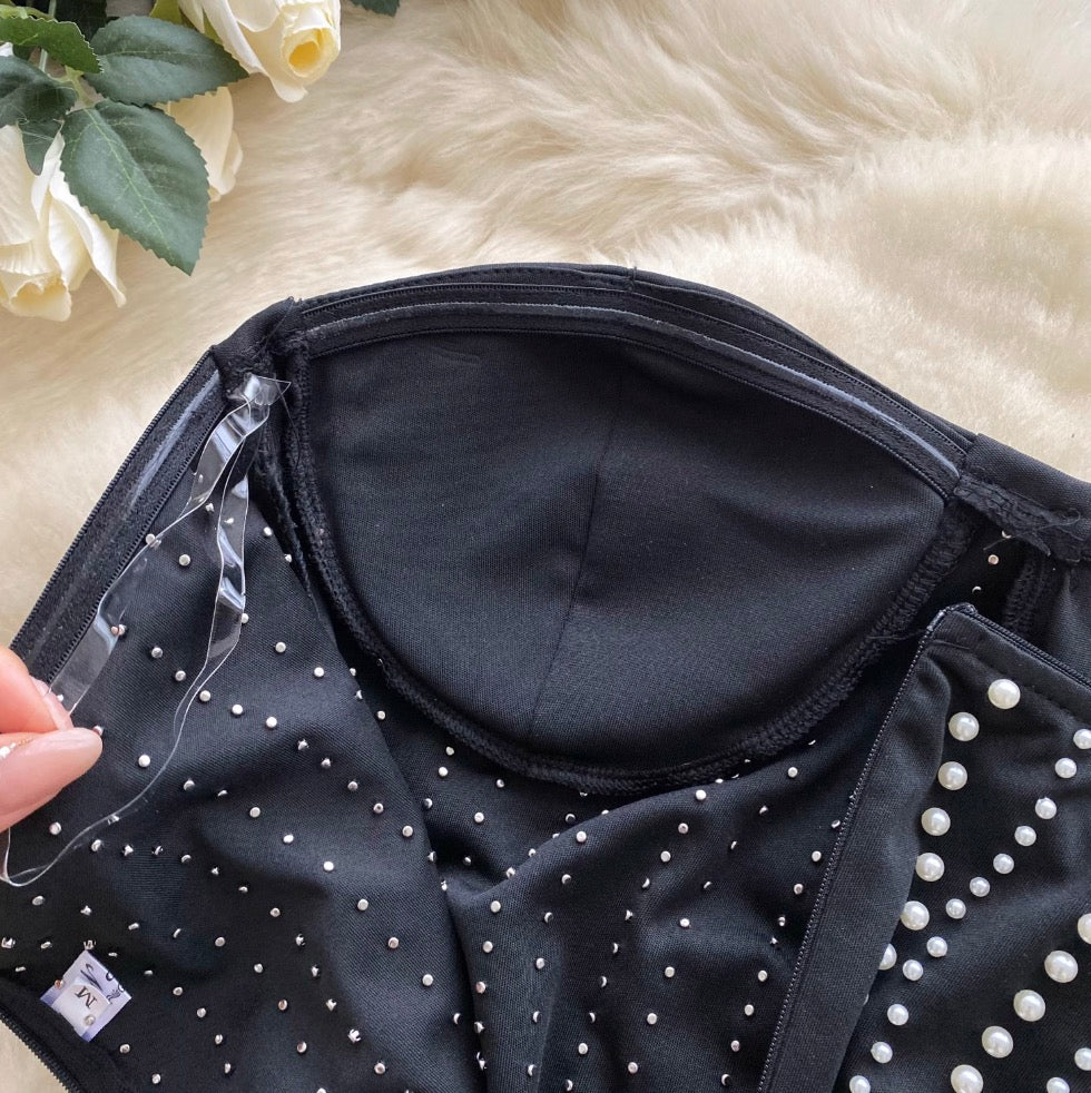 Fringed Bead Black Bustier Dress