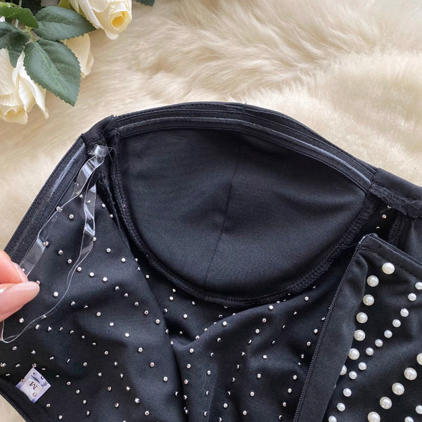 Fringed Bead Black Bustier Dress