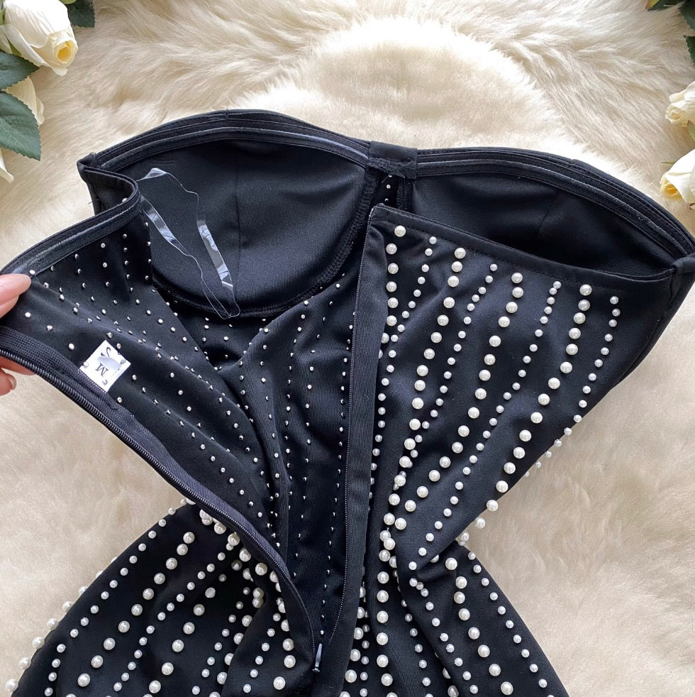 Fringed Bead Black Bustier Dress