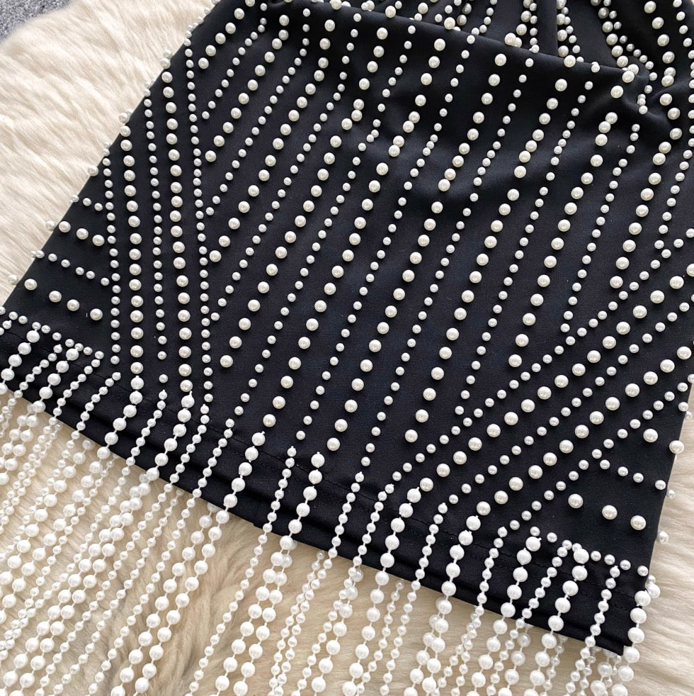 Fringed Bead Black Bustier Dress
