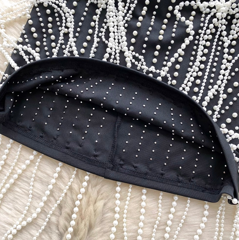 Fringed Bead Black Bustier Dress