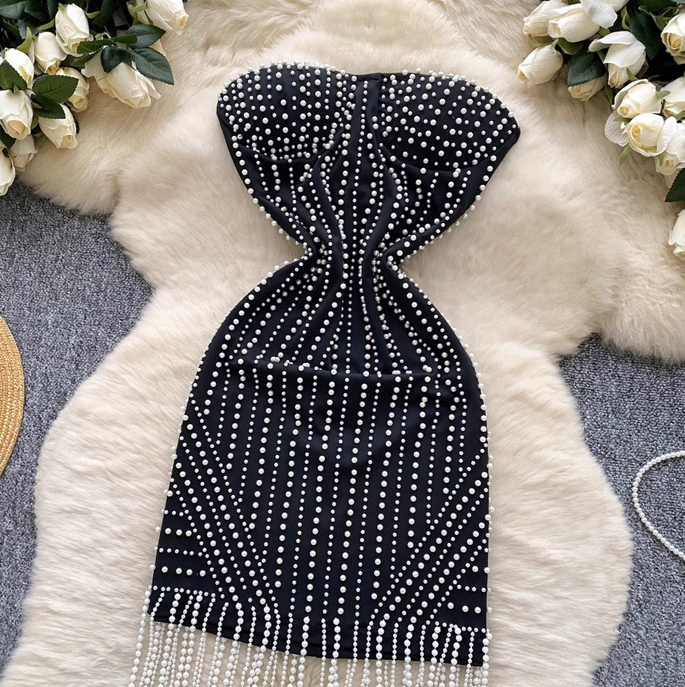 Fringed Bead Black Bustier Dress