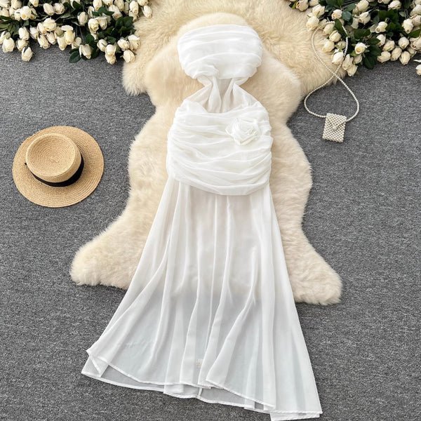 French Style 3D Flower White Dress