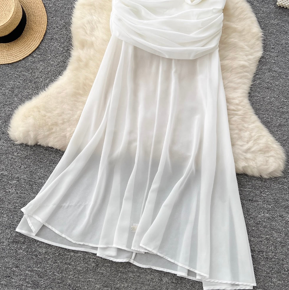 French Style 3D Flower White Dress