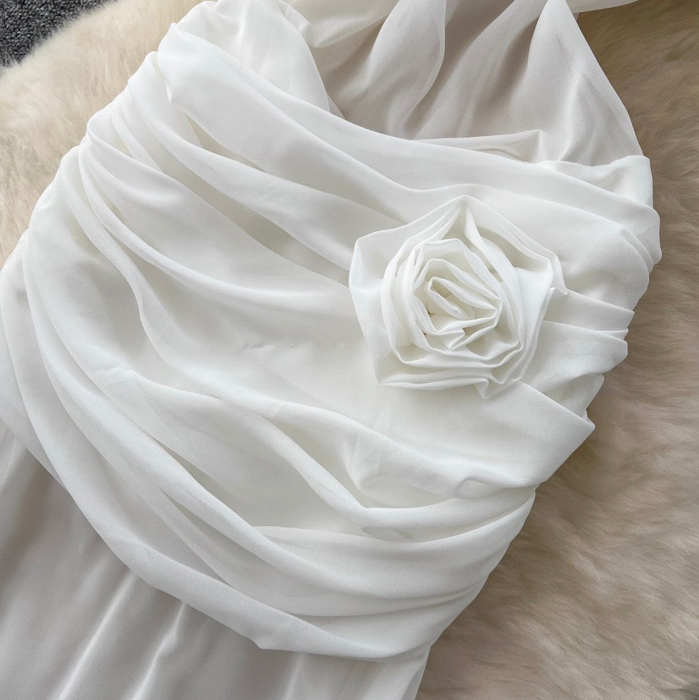 French Style 3D Flower White Dress