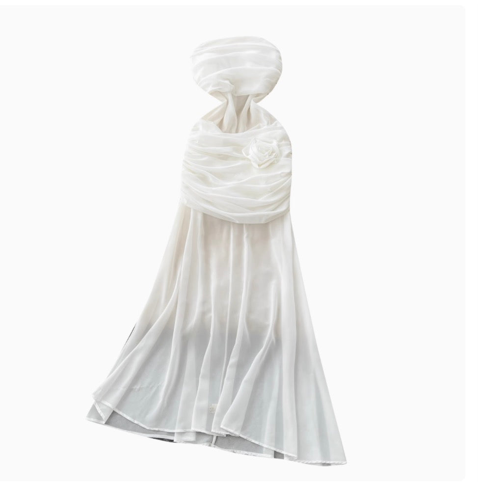 French Style 3D Flower White Dress