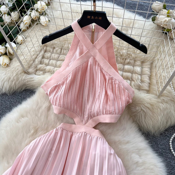 Hollowed Pink Stain Halter Dress