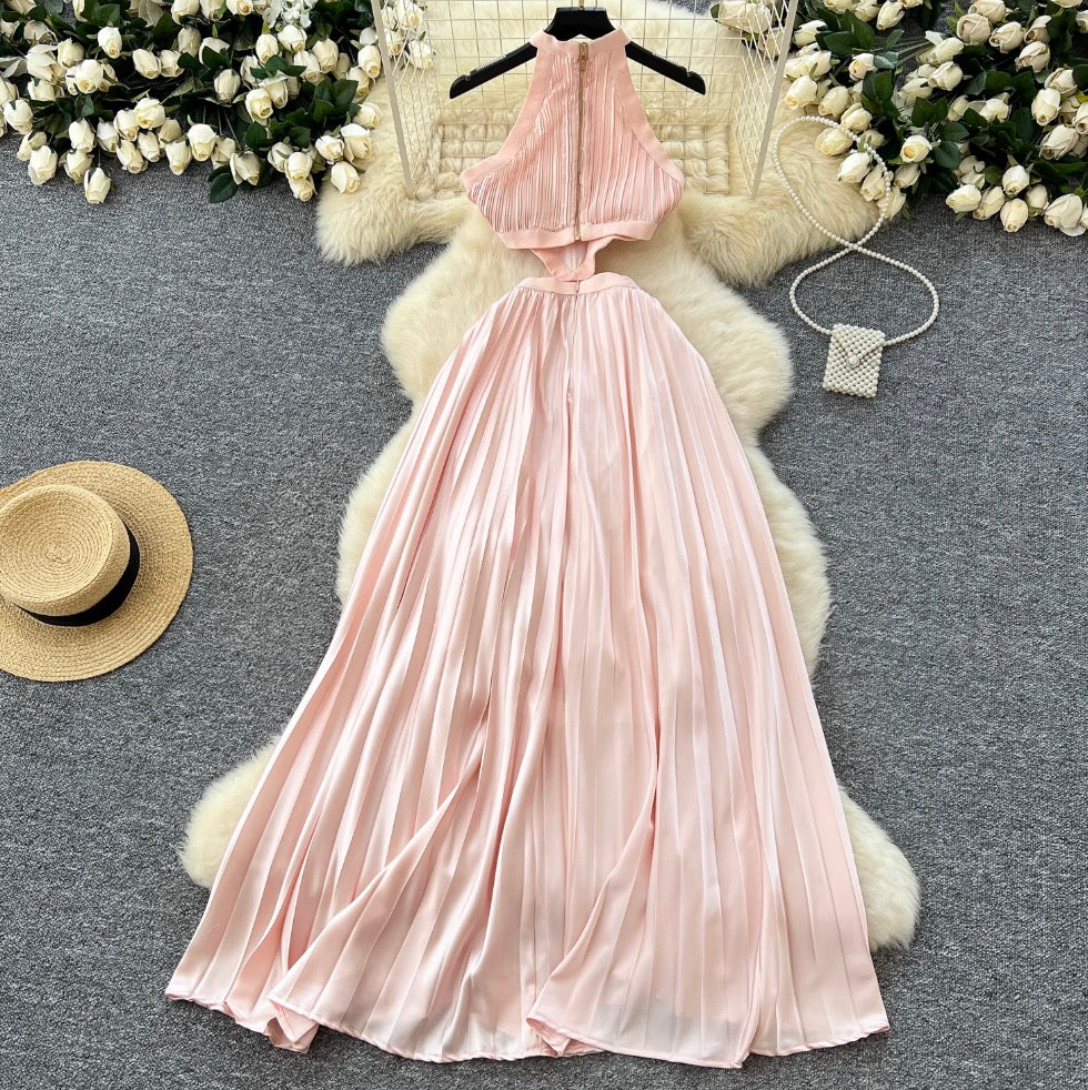 Hollowed Pink Stain Halter Dress