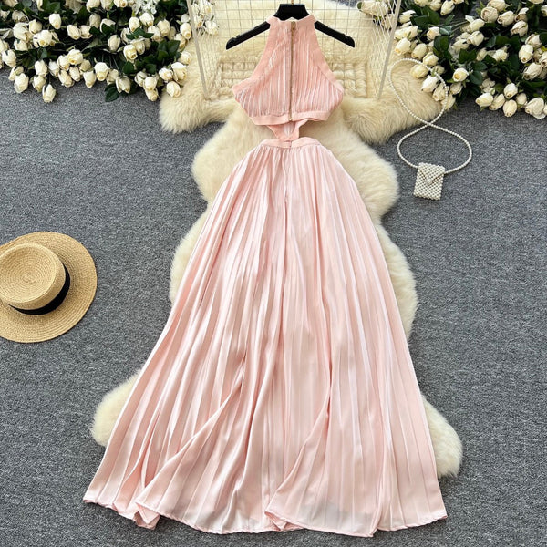 Hollowed Pink Stain Halter Dress