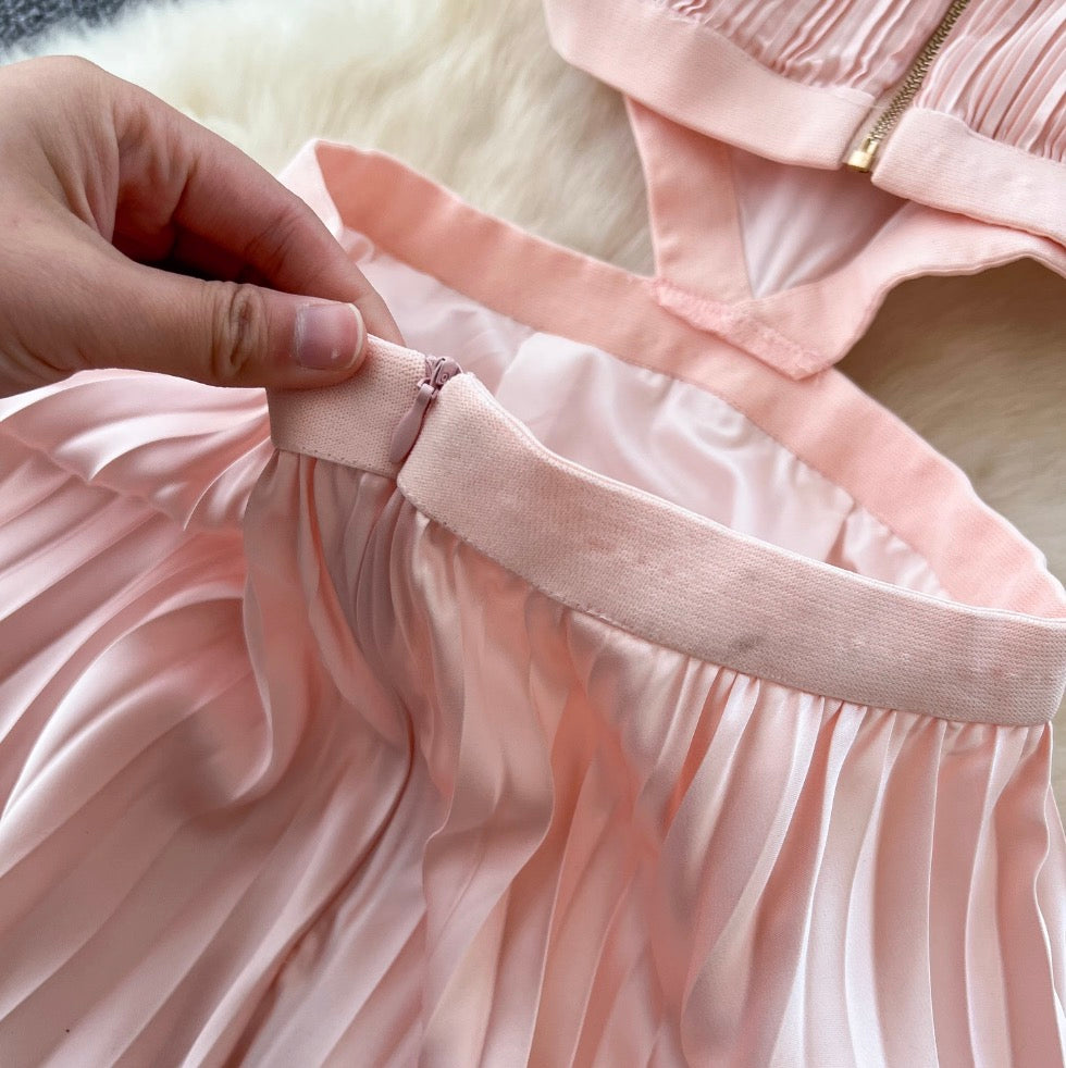 Hollowed Pink Stain Halter Dress