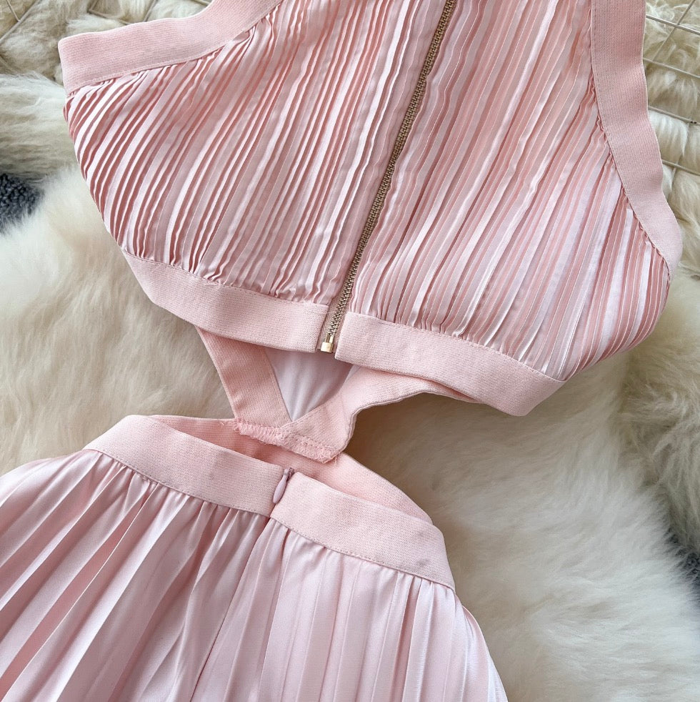 Hollowed Pink Stain Halter Dress