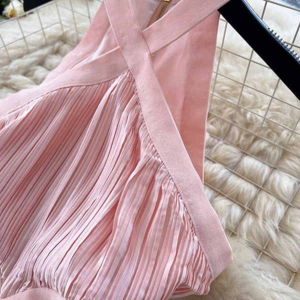 Hollowed Pink Stain Halter Dress