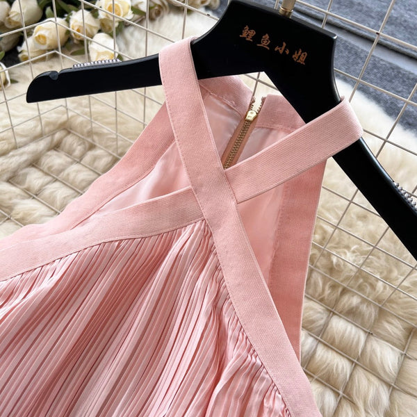 Hollowed Pink Stain Halter Dress