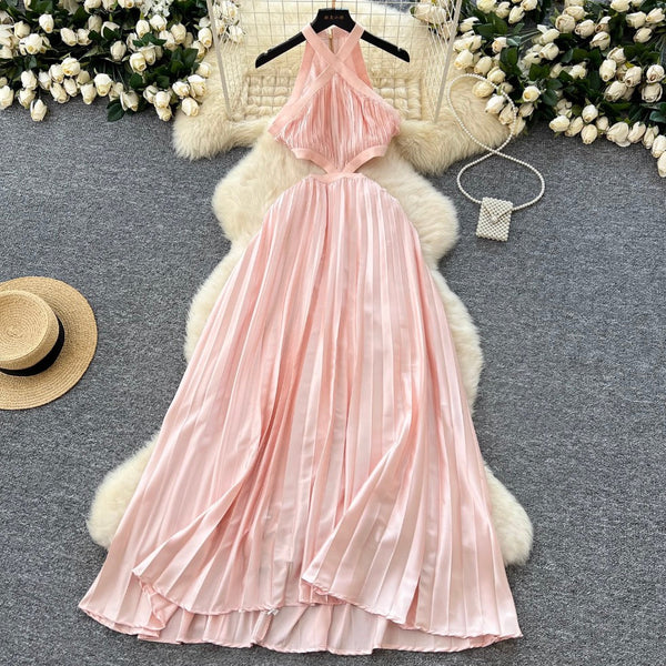 Hollowed Pink Stain Halter Dress