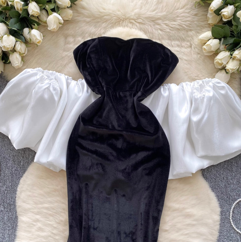 Black Suede Dress with White Shawl