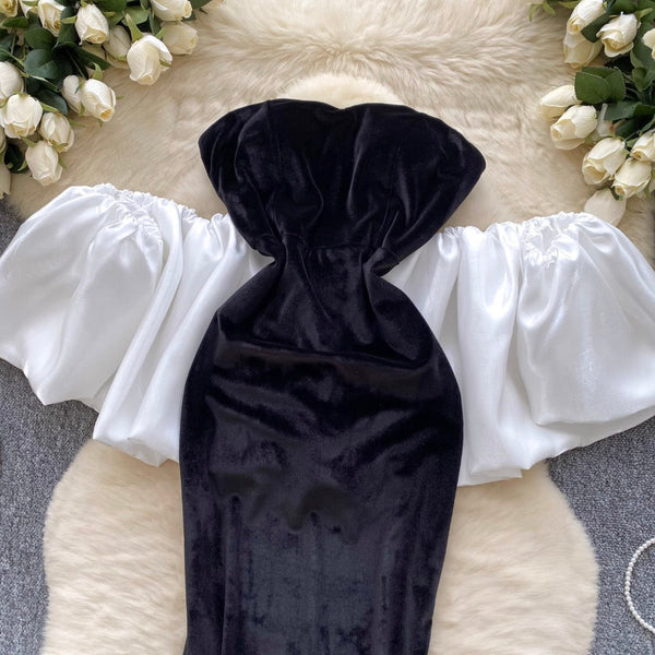 Black Suede Dress with White Shawl