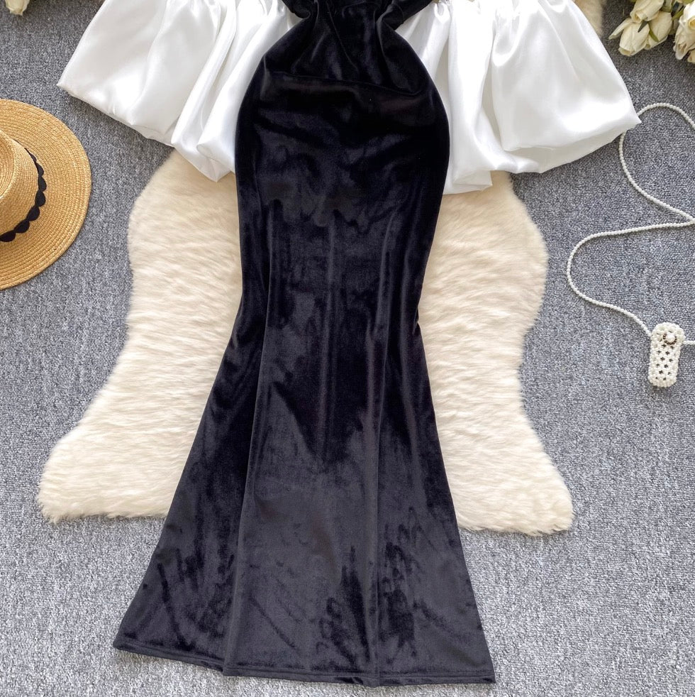 Black Suede Dress with White Shawl