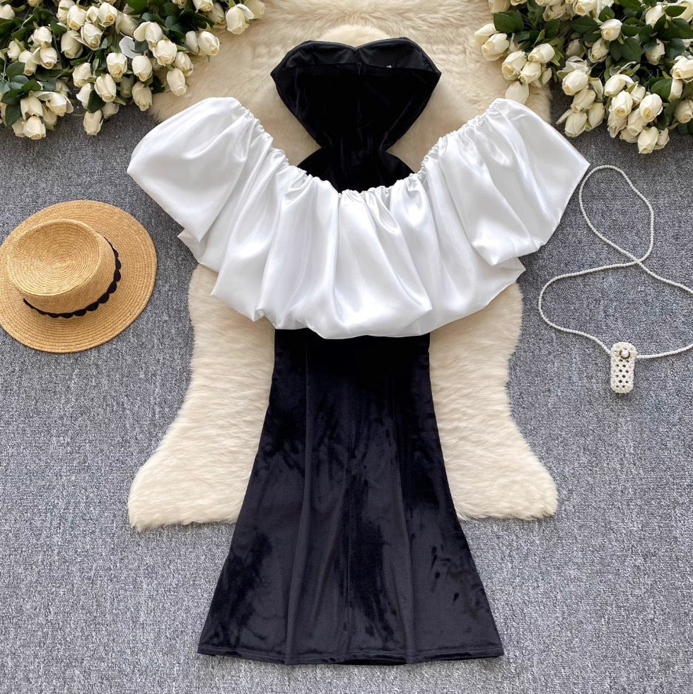 Black Suede Dress with White Shawl