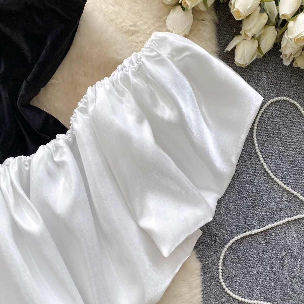 Black Suede Dress with White Shawl