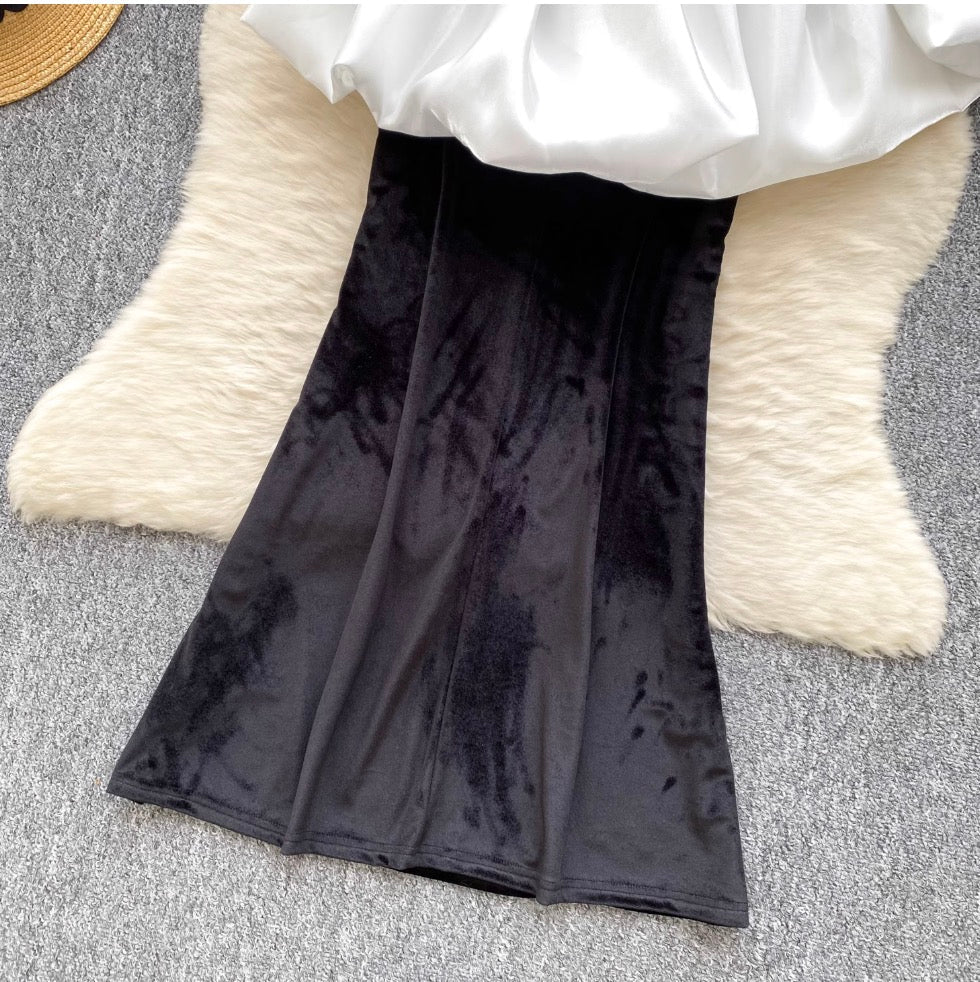 Black Suede Dress with White Shawl