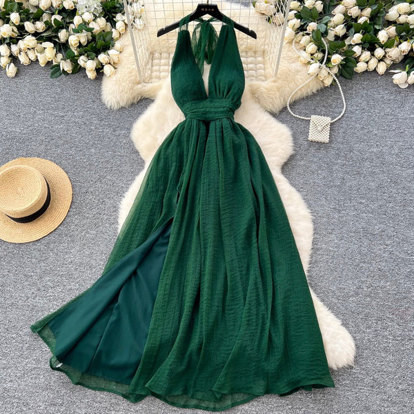 Deep V-neck Backless Halter Dress