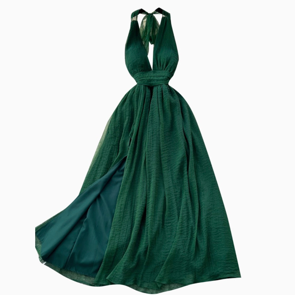 Deep V-neck Backless Halter Dress