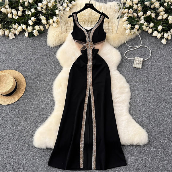 See-through Mesh Patchwork Black Dress