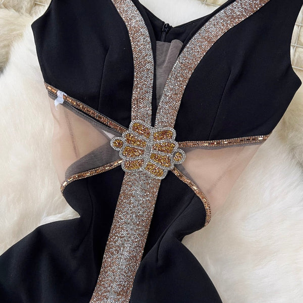 See-through Mesh Patchwork Black Dress