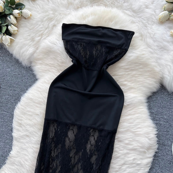Off-shoulder Black Lace Patchwork Dress