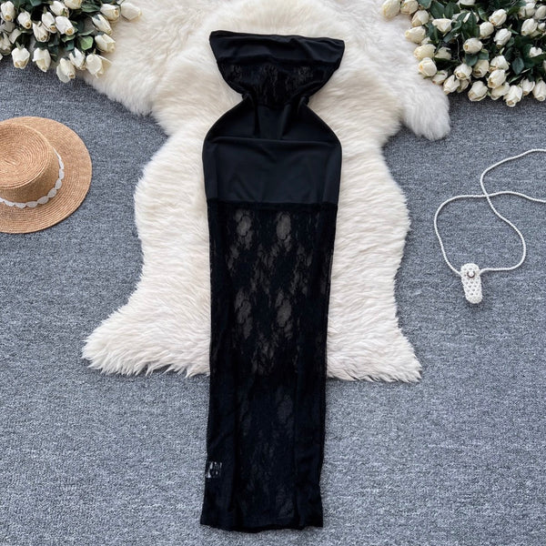 Off-shoulder Black Lace Patchwork Dress
