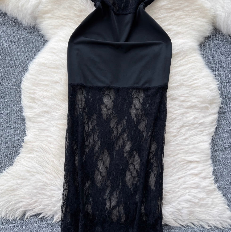 Off-shoulder Black Lace Patchwork Dress