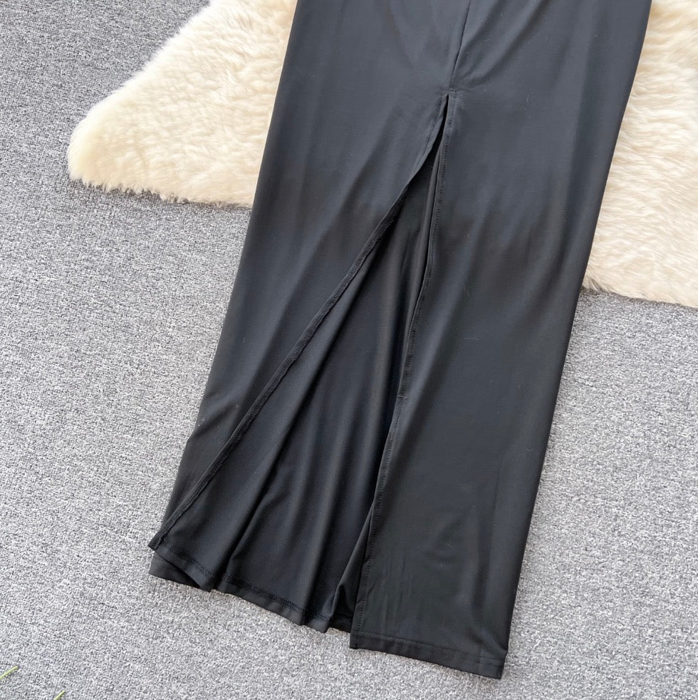Hollow Circle Waistless Black Halter Dress