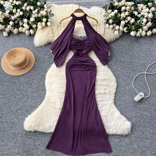 Sequined Purple Bustier Dress with Shawl