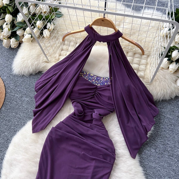 Sequined Purple Bustier Dress with Shawl