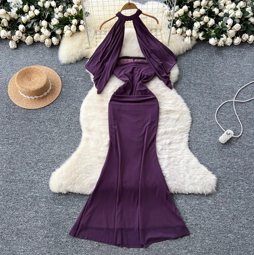 Sequined Purple Bustier Dress with Shawl