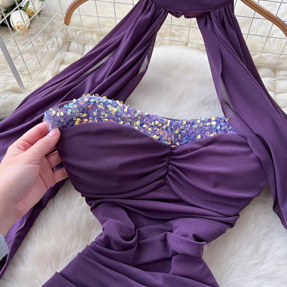 Sequined Purple Bustier Dress with Shawl