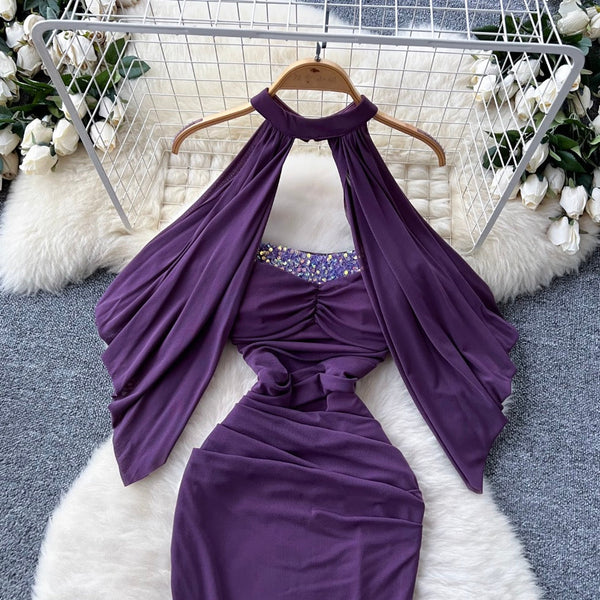 Sequined Purple Bustier Dress with Shawl