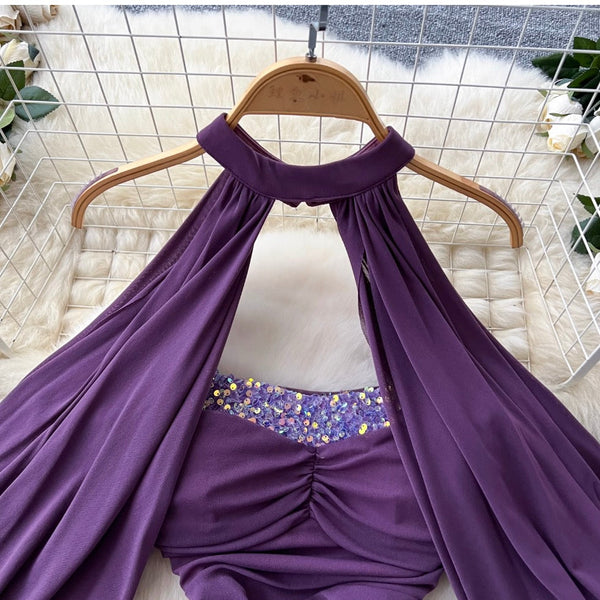Sequined Purple Bustier Dress with Shawl