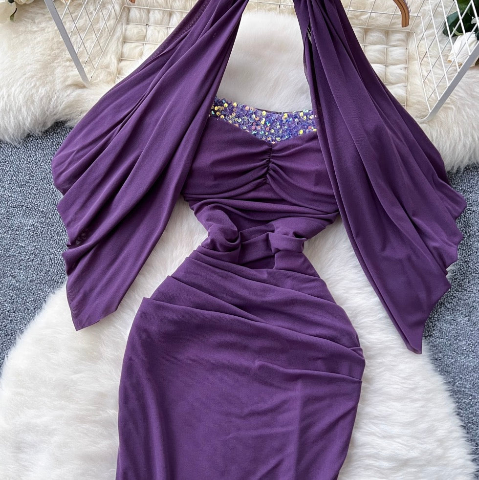 Sequined Purple Bustier Dress with Shawl