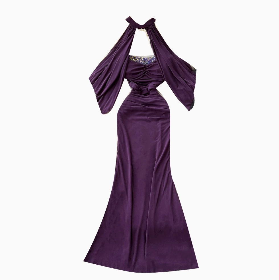 Sequined Purple Bustier Dress with Shawl