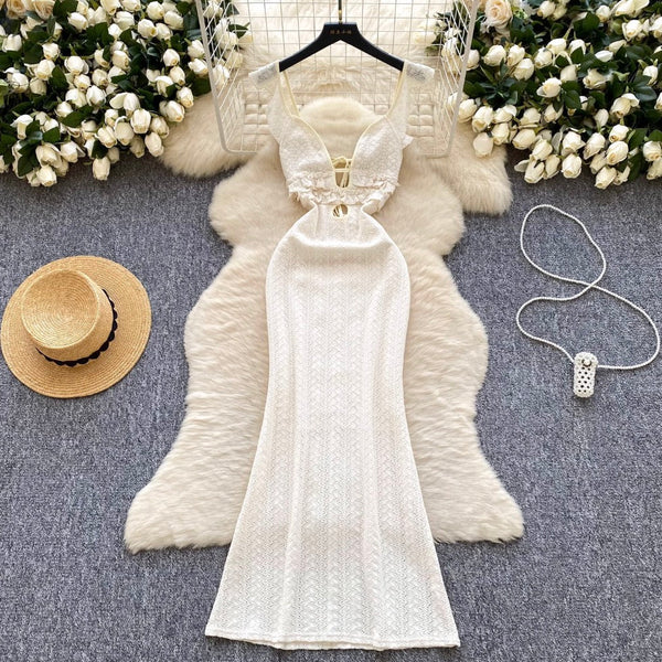 Sexy Hollowed V-neck Apricot Lace Dress