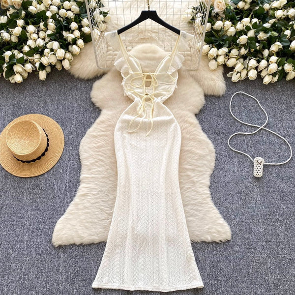 Sexy Hollowed V-neck Apricot Lace Dress