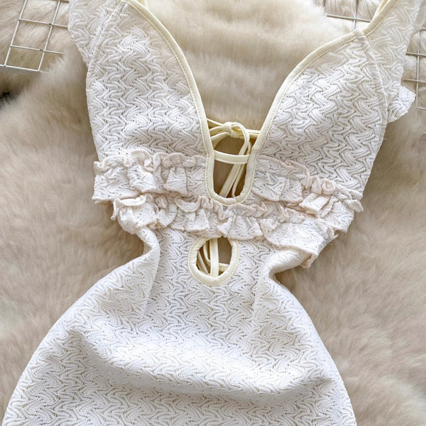 Sexy Hollowed V-neck Apricot Lace Dress