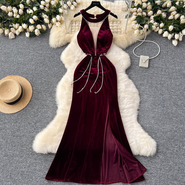 Deep V-neck Rhinestone Studded Velvet Dress