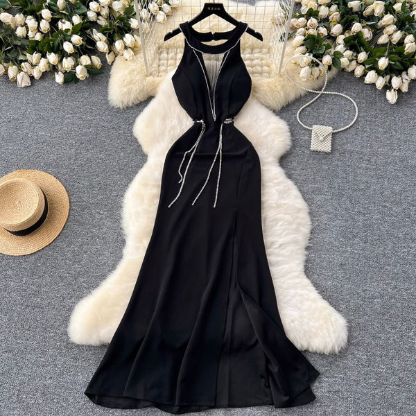 Deep V-neck Rhinestone Studded Velvet Dress