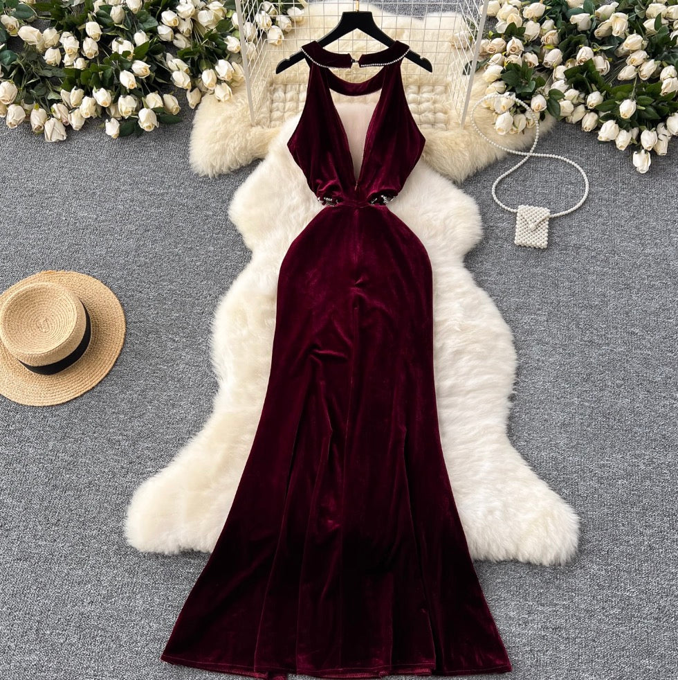 Deep V-neck Rhinestone Studded Velvet Dress