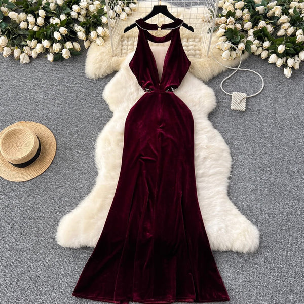 Deep V-neck Rhinestone Studded Velvet Dress